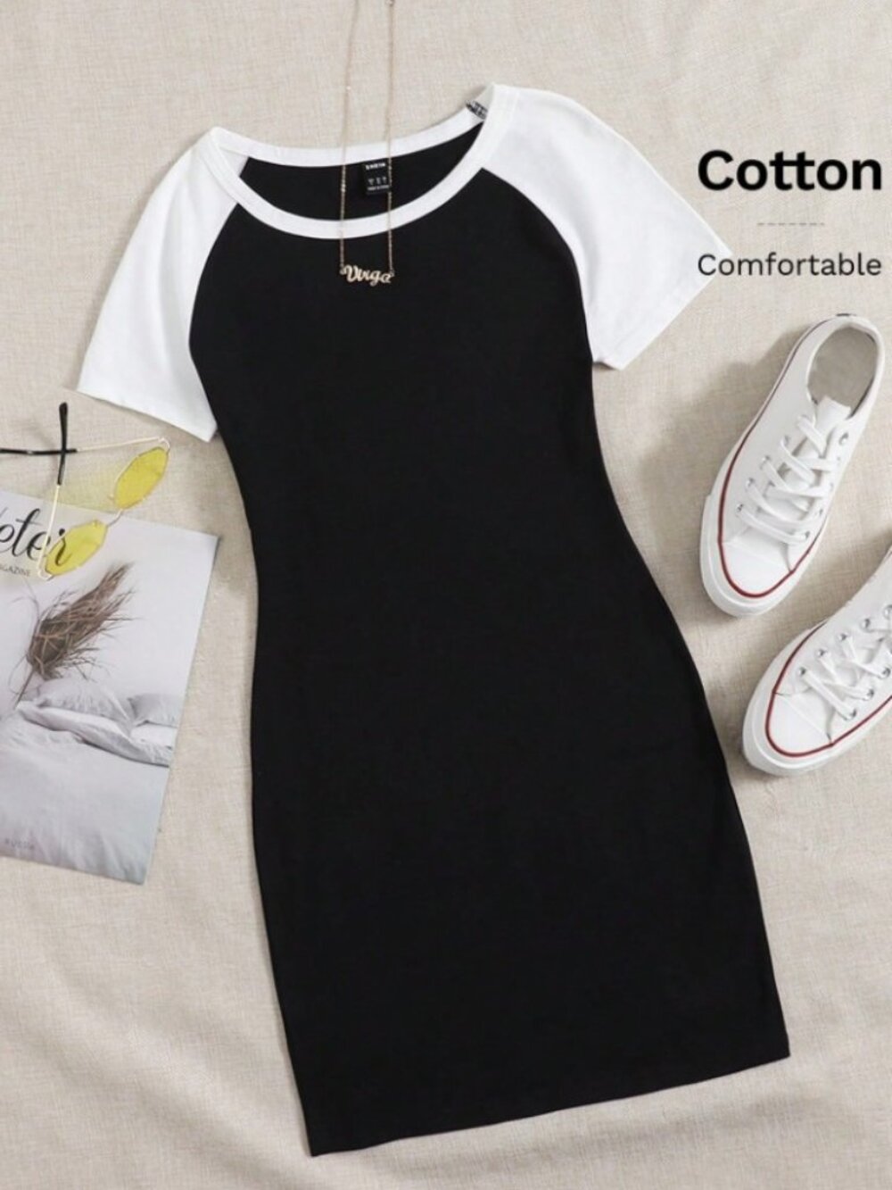 Black and White Colorblock Raglan Sleeve T-Shirt / Bodycon Dress Size M